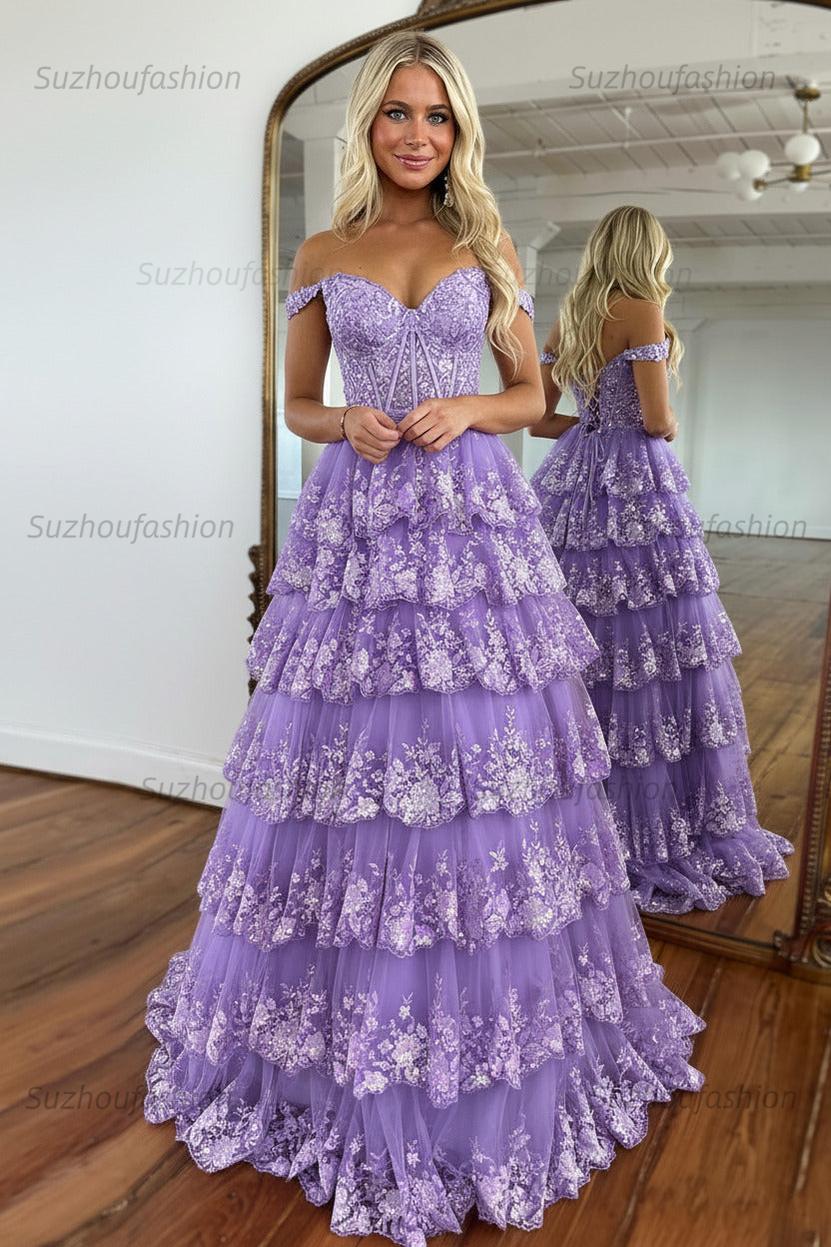 Glitter Hot Pink Corset Off the Shoulder Lace Long Prom Dress
