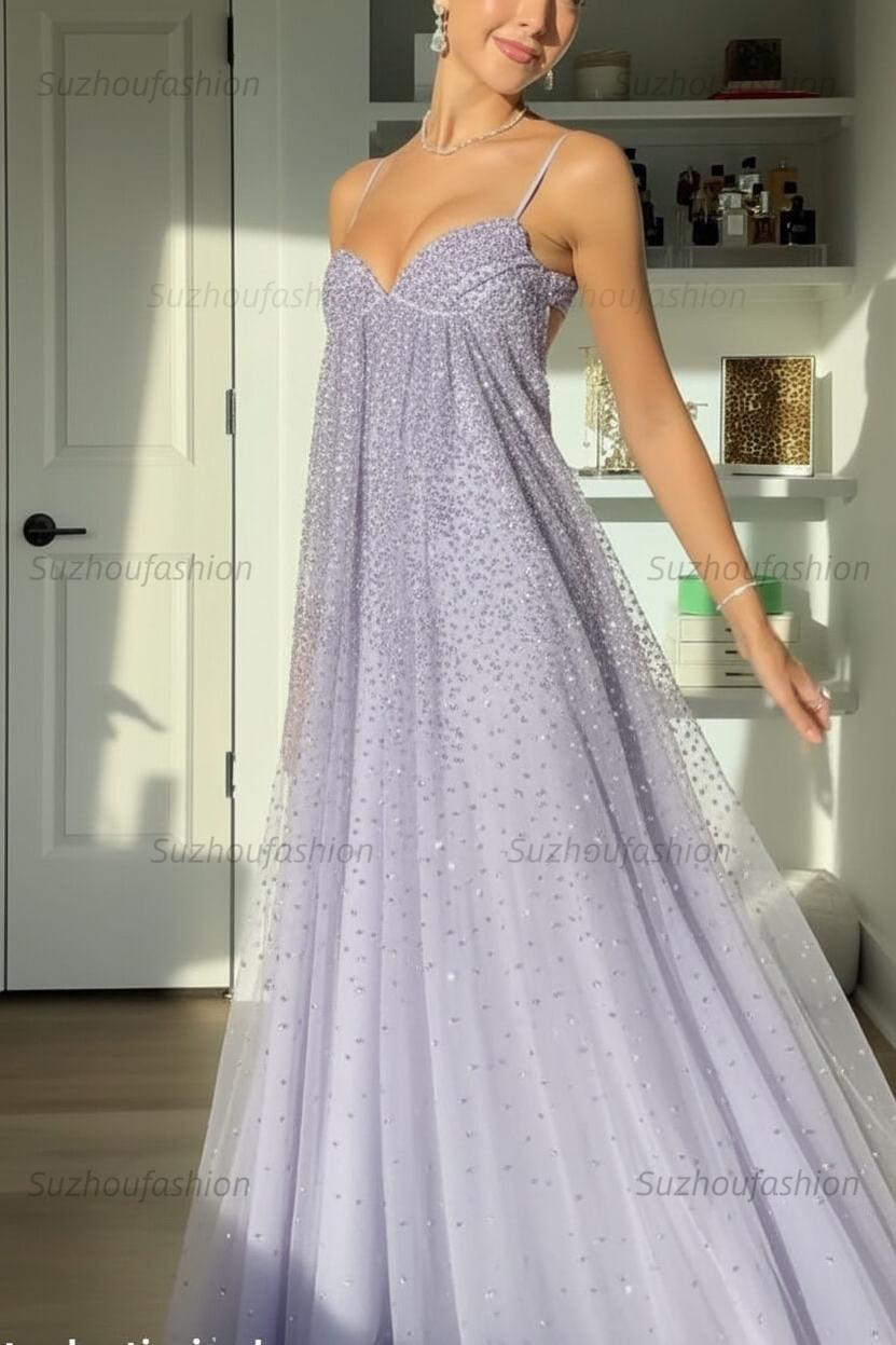 Suzhoufashion Bling A Line Spaghetti Straps Grey Blue Long Party Dress With Beading Formal Evening Gown