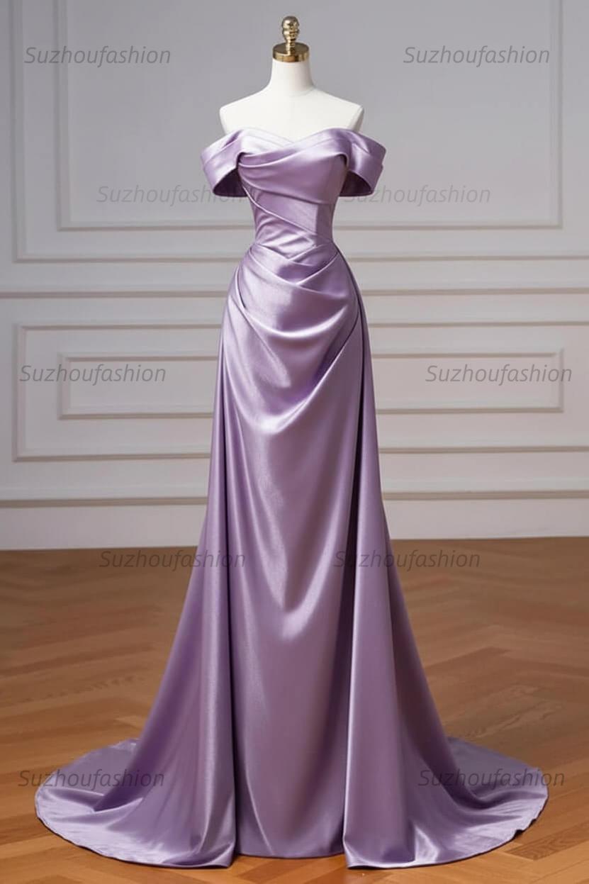 Navy Prom Dress Blue Off The Shoulder Formal Dress with Detachable Train