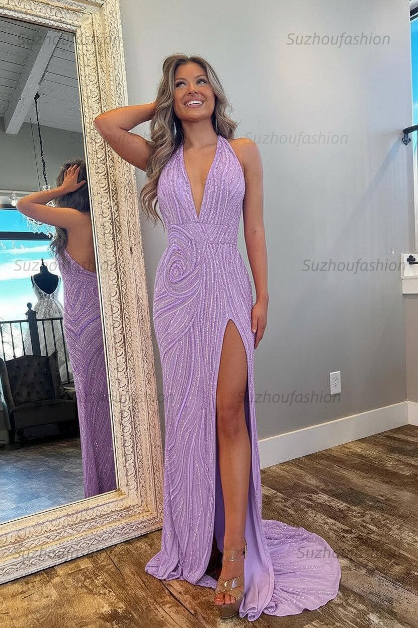 Halter Prom Dress Pink and Orange Mermaid Evening Dress with Slit
