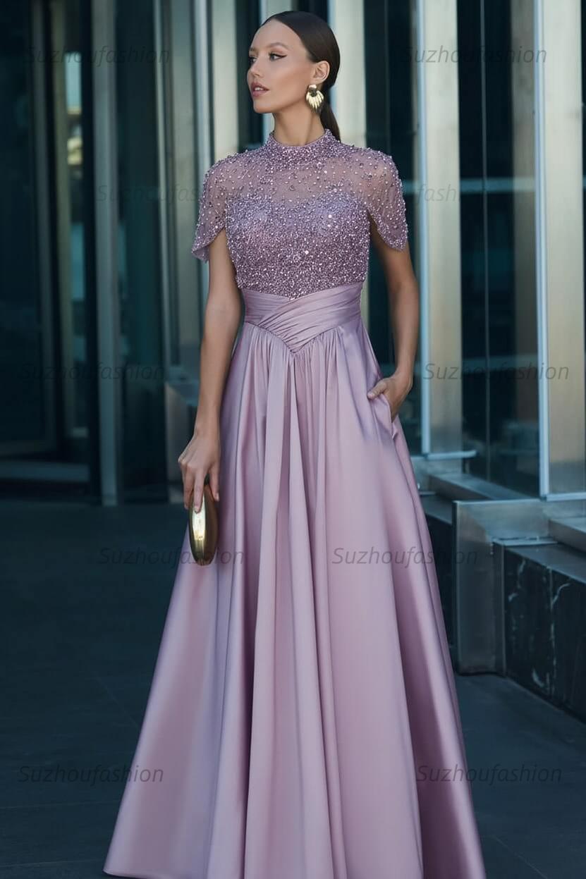 High Neck Short Sleeves Long Evening Formal Dress With Beading Pockets