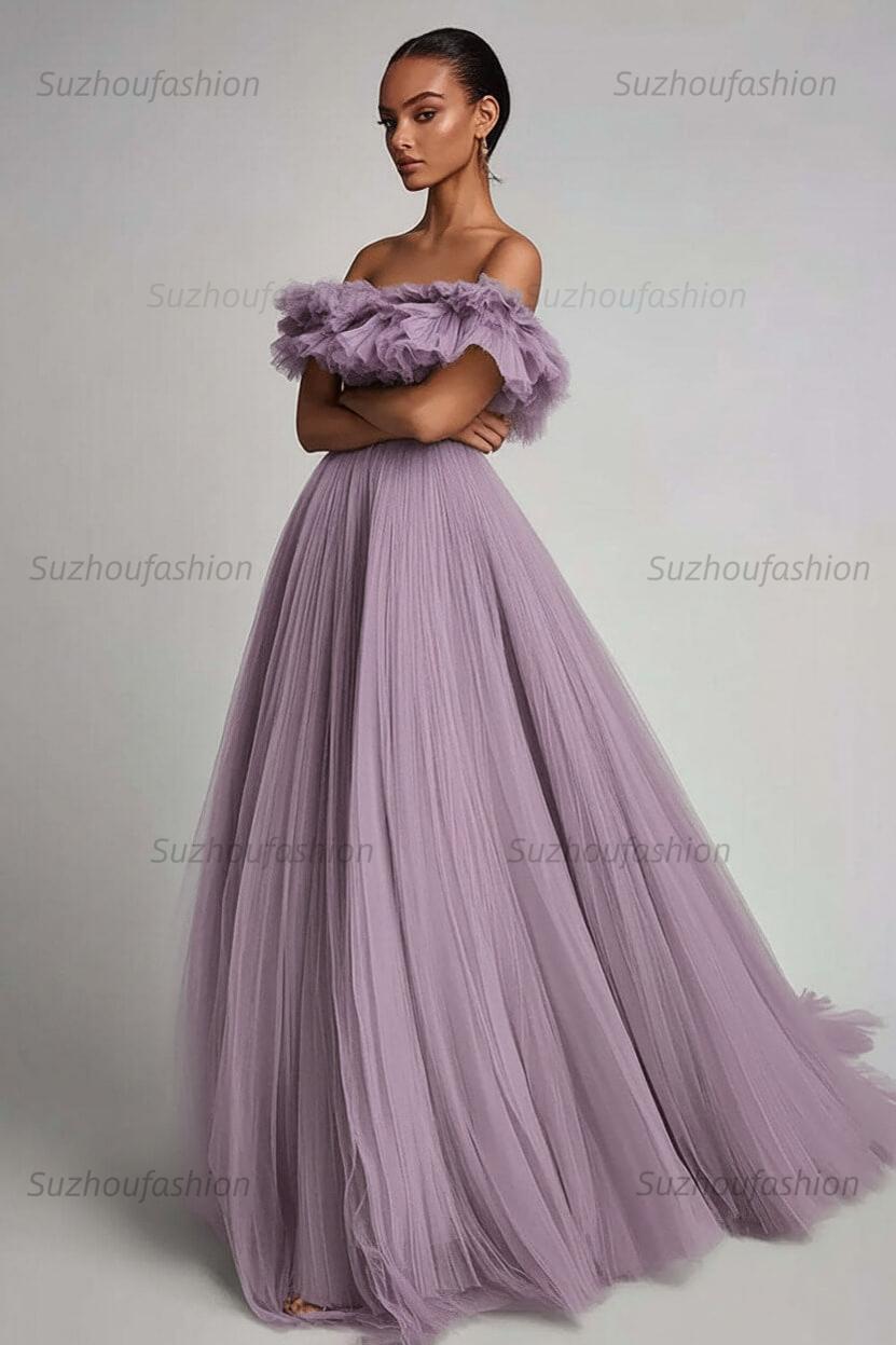 Dusty Sage Prom Dress Tulle A Line Long Formal Dress With Ruffles
