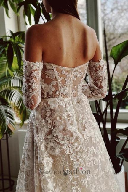 Long A Line Beach Wedding Dress Off The Shoulder Lace Beading Bridal Gown With Long Sleeves