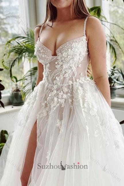 Long A Line Beach Wedding Dress Spaghetti Straps Tulle Lace Bridal Gown With Slit