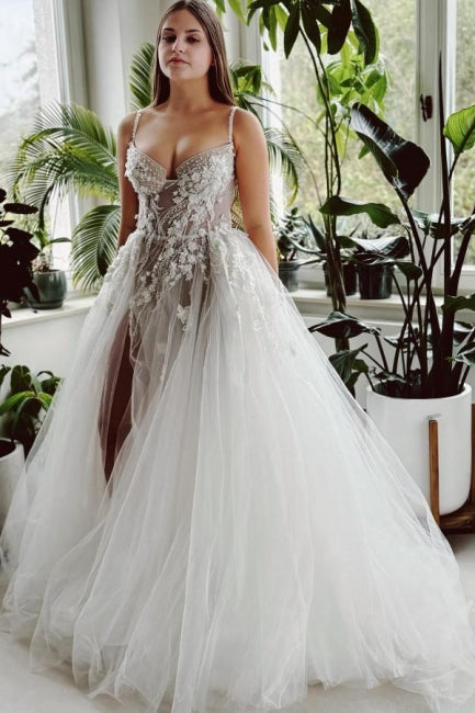 Long A Line Beach Wedding Dress Spaghetti Straps Tulle Lace Bridal Gown With Slit