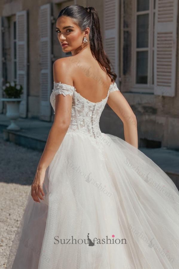 Long A Line Wedding Dress Off The Shoulder Appliques Tulle Bridal Gown