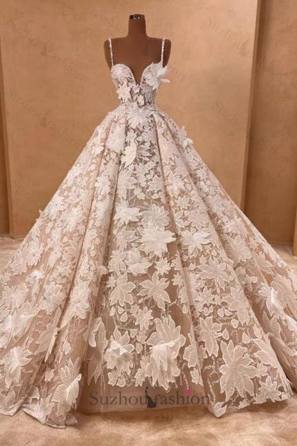 Long A Line Wedding Dress Spaghetti Straps Lace Appliques Sleeveless Bridal Gown