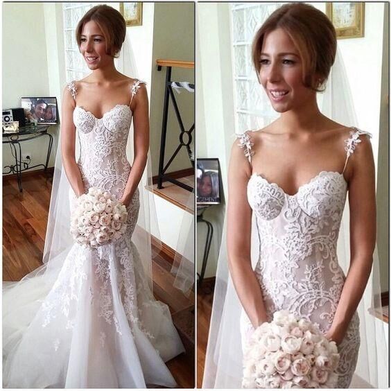 Long Applique Sleeveless Mermaid Spaghetti-Strap Tulle Beach Wedding Dresses