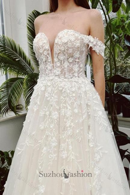 Long Ivory A Line Beach Wedding Dress Off The Shoulder V Neck Sleeveless Bridal Gown With Lace