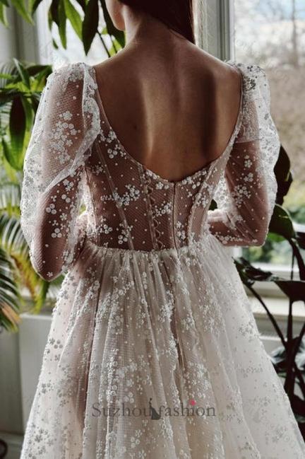 Long Ivory A Line Beach Wedding Dress Sleeves Lace Bridal Gown With Slit