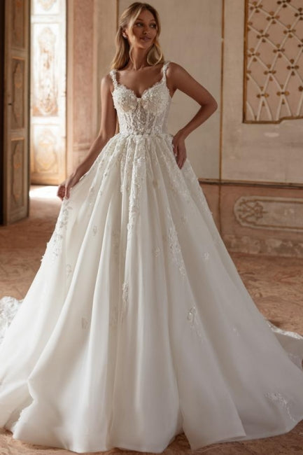 Long Ivory A Line Wedding Dress Princess Spaghetti Straps Lace Tulle Bridal Gown