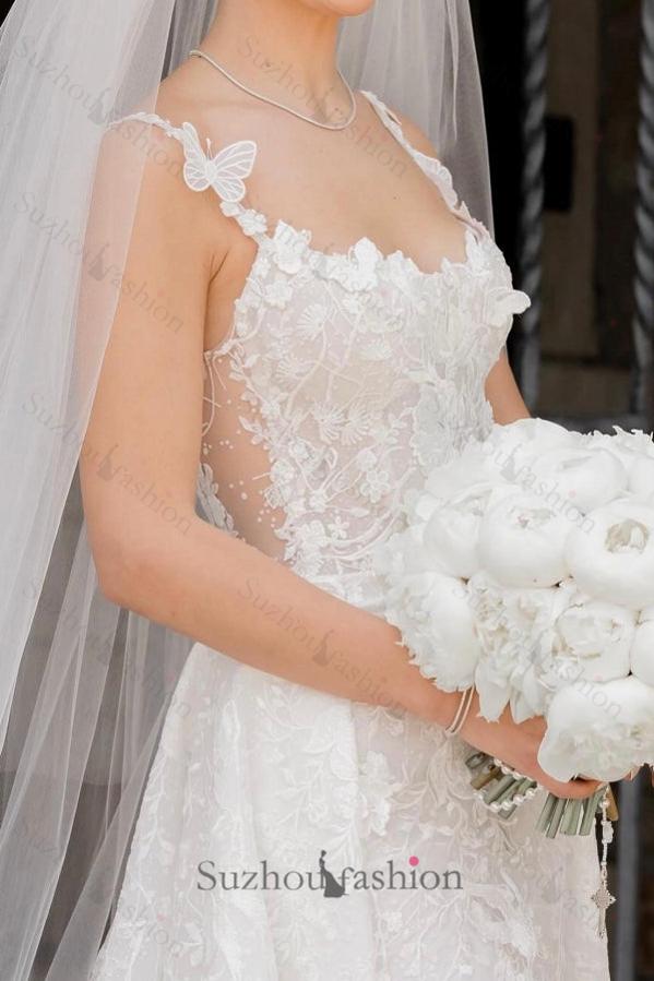 Long Ivory Wedding Dress Sleeveless Lace Bridal Gown With Detachable Panel Train