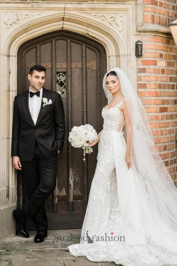 Long Ivory Wedding Dress Sleeveless Lace Bridal Gown With Detachable Panel Train