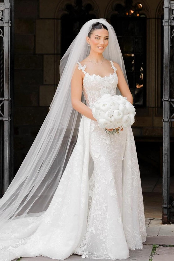 Long Ivory Wedding Dress Sleeveless Lace Bridal Gown With Detachable Panel Train