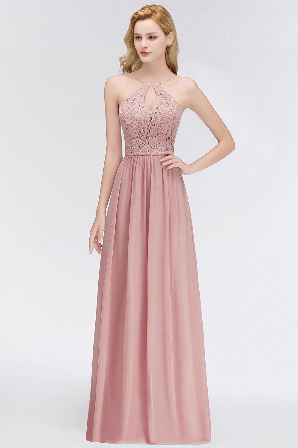 Long Lace Halter Floor-Length Bridesmaid Dresses | Sexy Chiffon Open Back Bridesmaid Dress with Keyhole