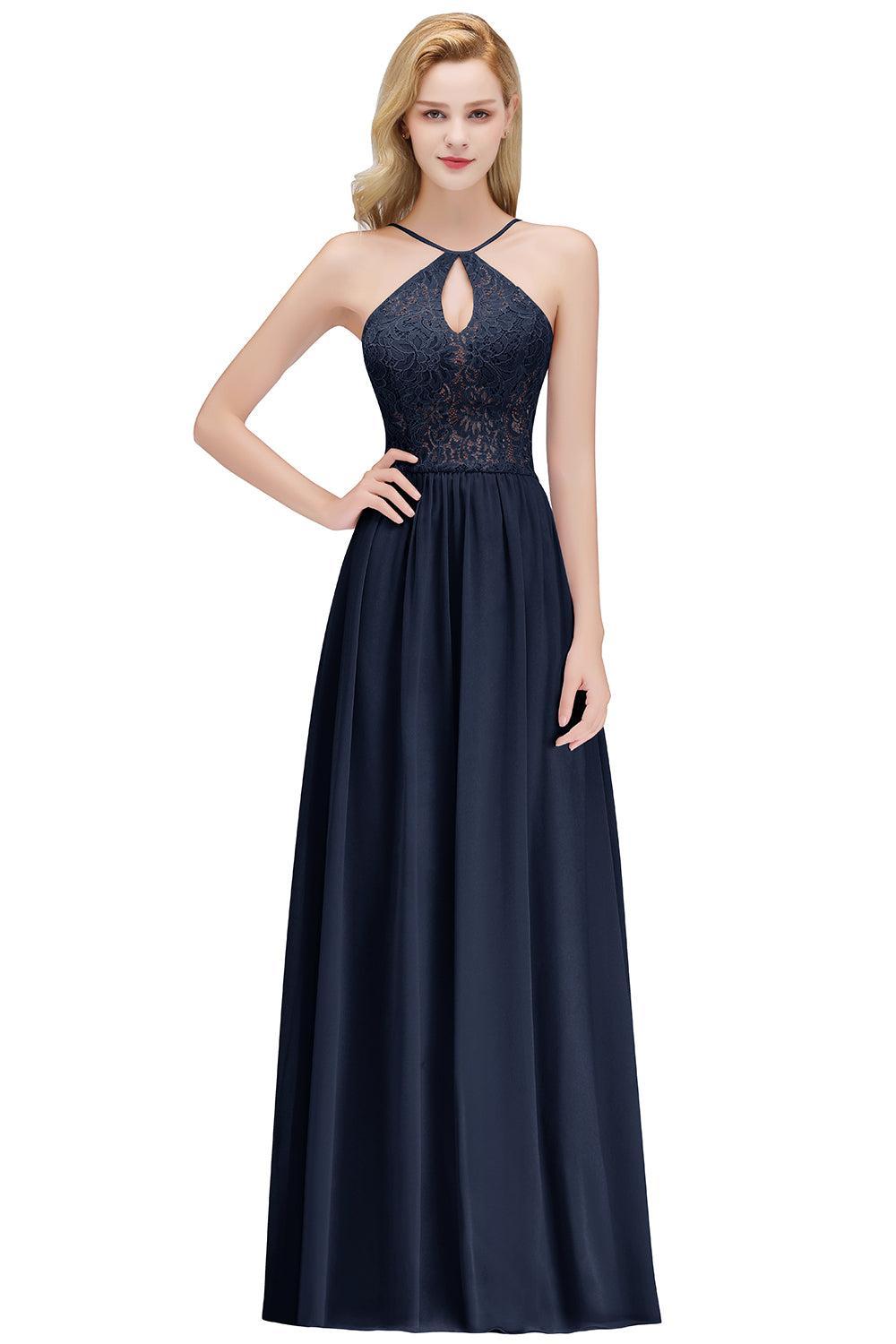 Long Lace Halter Floor-Length Bridesmaid Dresses | Sexy Chiffon Open Back Bridesmaid Dress with Keyhole