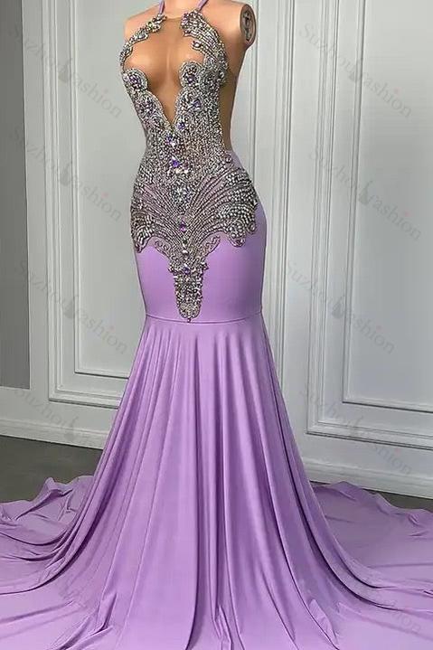 Long Lilac Sleeveless Halter Mermaid Formal Dresses With Beadings