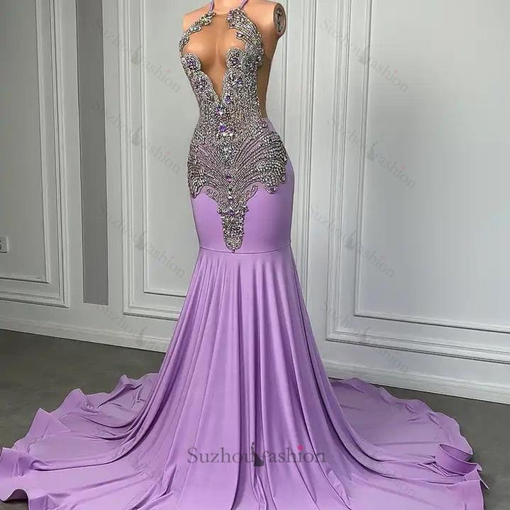 Long Lilac Sleeveless Halter Mermaid Formal Dresses With Beadings