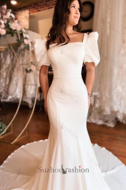 Long Mermaid Beach Wedding Dress Square Neck Satin Backless Bridal Gown With Short Sleeves