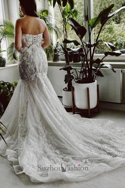 Long Mermaid Beach Wedding Dress Strapless Lace Sequined Bridal Gown With Train