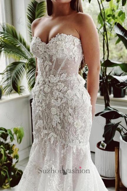 Long Mermaid Beach Wedding Dress Strapless Lace Sequined Bridal Gown With Train