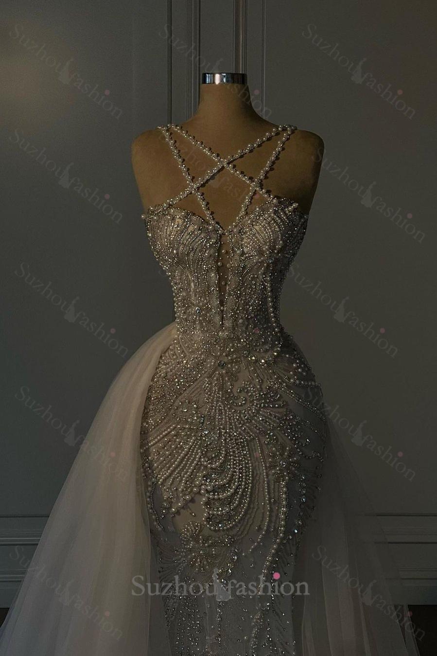 Long Mermaid V Neck Spaghetti Strap Heavy Bridal Gown With Beadings