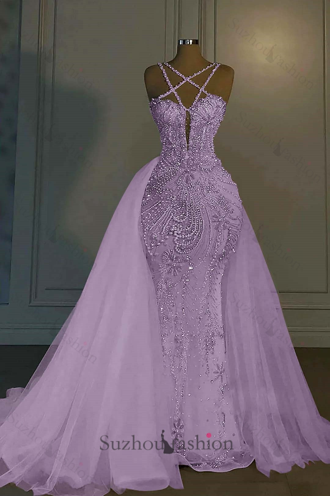 Long Mermaid V Neck Spaghetti Strap Heavy Bridal Gown With Beadings