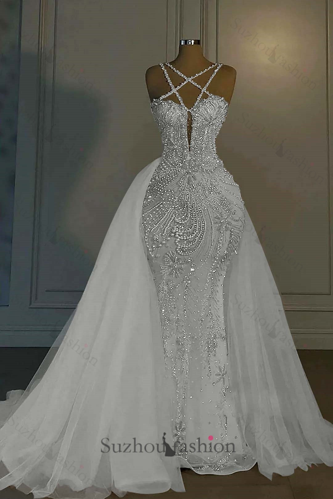 Long Mermaid V Neck Spaghetti Strap Heavy Bridal Gown With Beadings