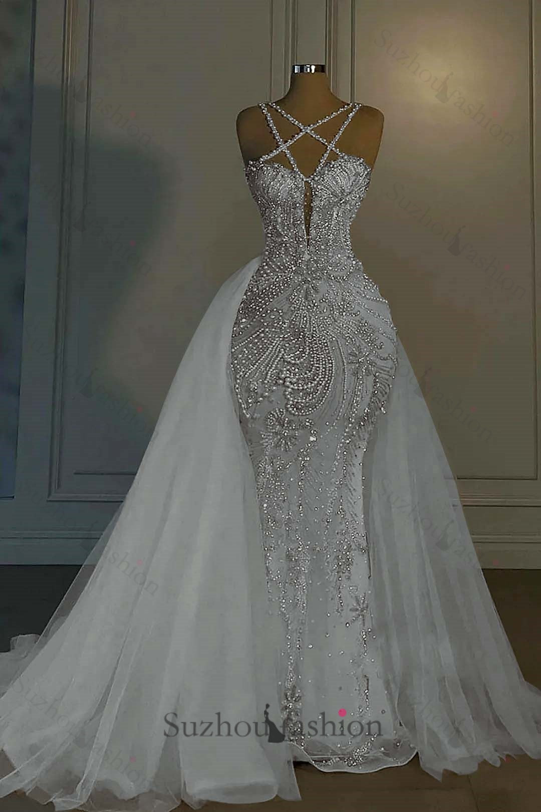 Long Mermaid V Neck Spaghetti Strap Heavy Bridal Gown With Beadings