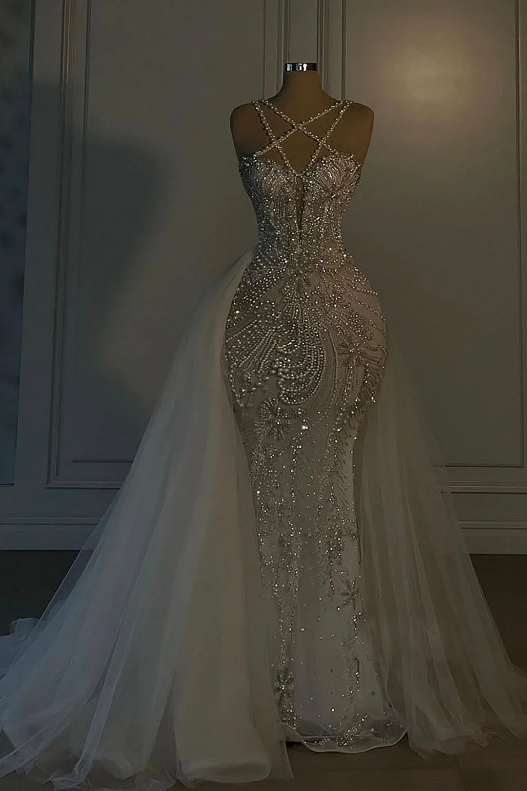 Long Mermaid V Neck Spaghetti Strap Heavy Bridal Gown With Beadings