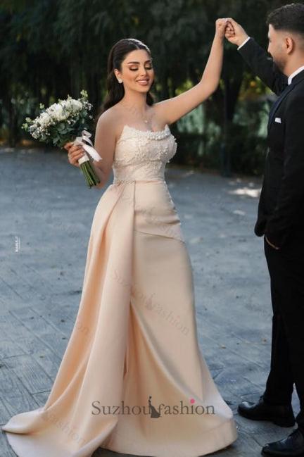 Long Mermaid Wedding Dress Strapless Sequined Bridal Gown With Pearls