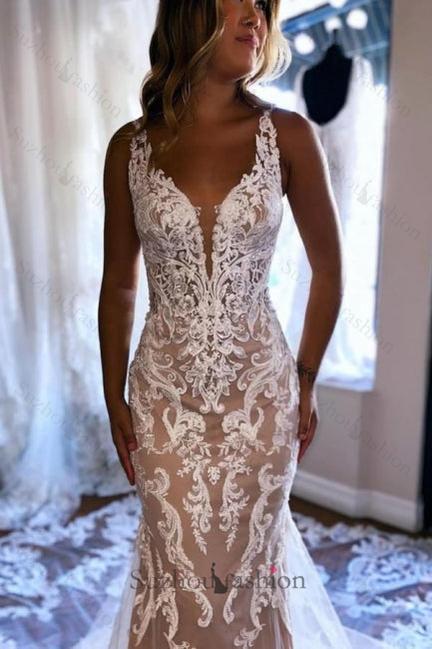Long Mermaid Wedding Dress V Neck Sleeveless Lace Backless Bridal Gown With Train