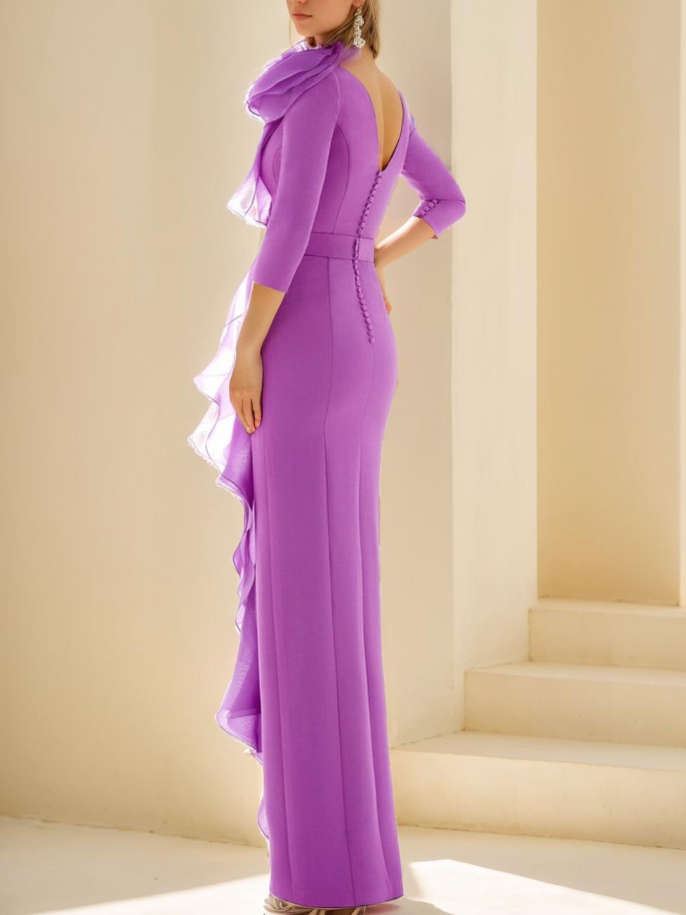 Long Mother of the Bride Dress with Ruffles 3/4 Sleeves and Long Sheath Column Jewel Neck