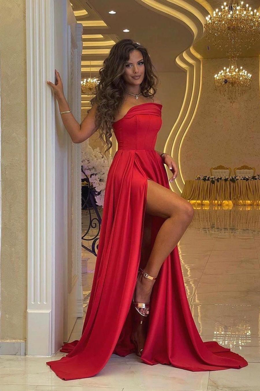 Long One Shoulder Prom Dress Strapless Sleeveless A Line Red Evening Formal Dress With High Split