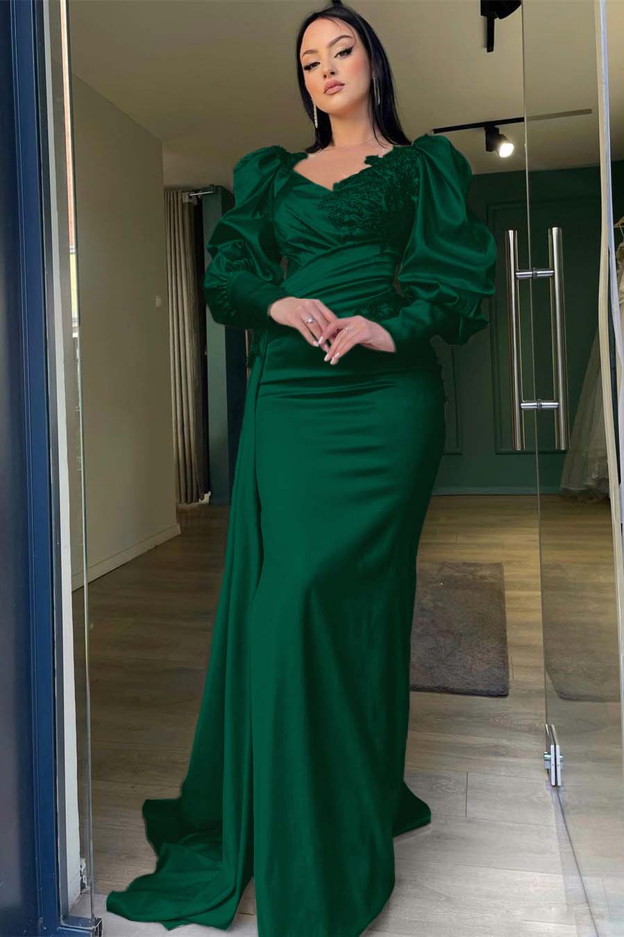 Long Puff Sleeves Prom Dress Pleated Mermaid Split Evening Formal Dress With Appliques Ruffles