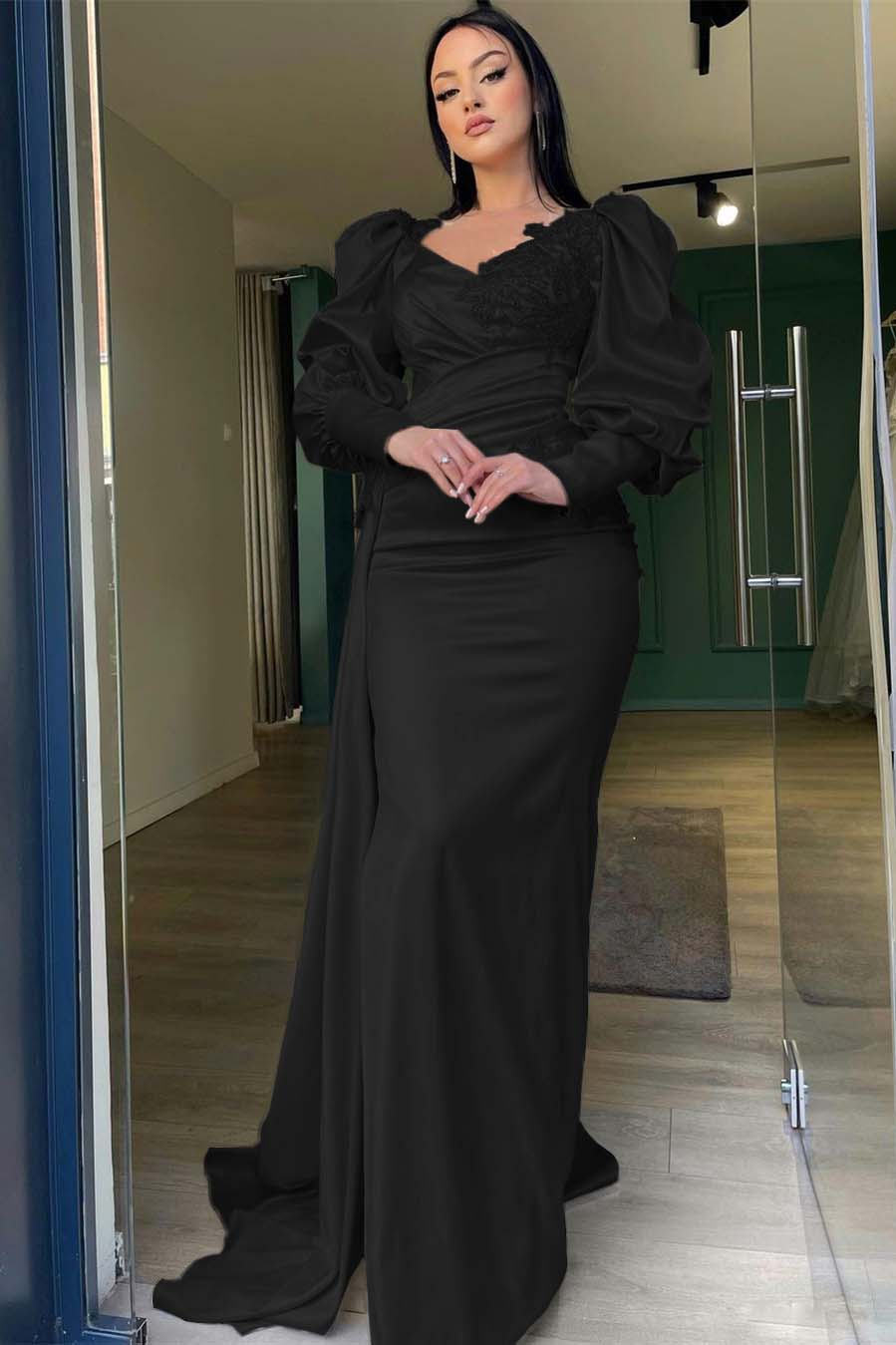 Long Puff Sleeves Prom Dress Pleated Mermaid Split Evening Formal Dress With Appliques Ruffles