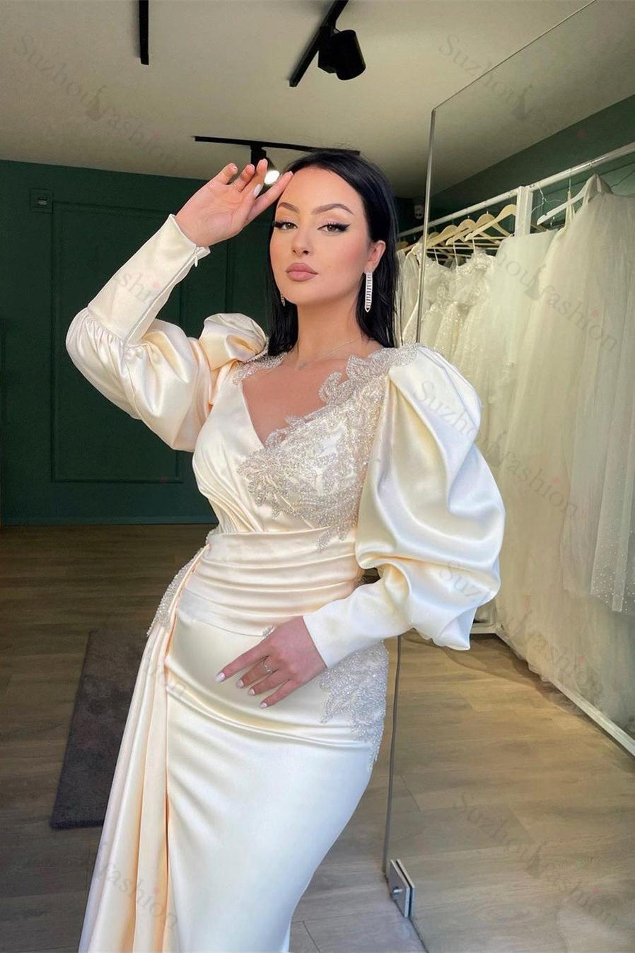 Long Puff Sleeves Prom Dress Pleated Mermaid Split Evening Formal Dress With Appliques Ruffles