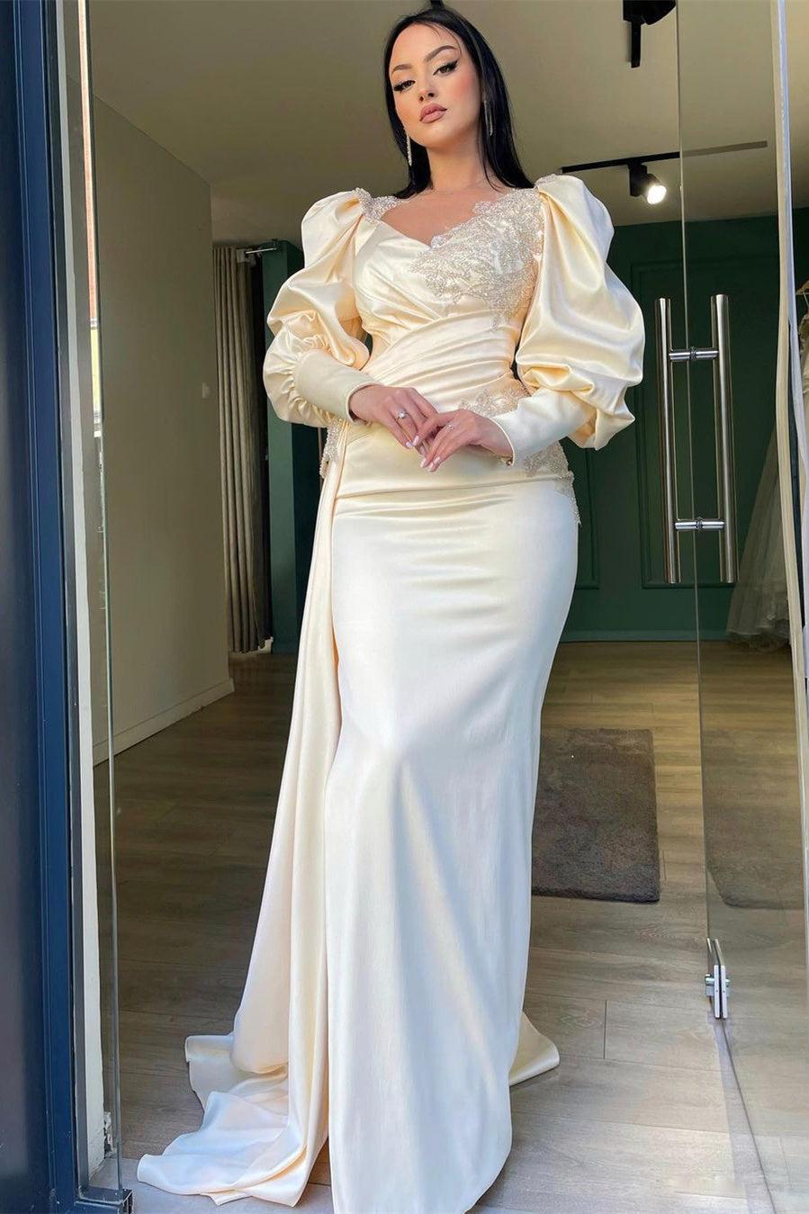 Long Puff Sleeves Prom Dress Pleated Mermaid Split Evening Formal Dress With Appliques Ruffles