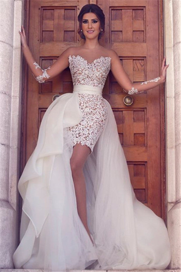 Long Sleeve Beach Wedding Dress with Detachable Train Latest Short Lace Bridal Gown BA2363