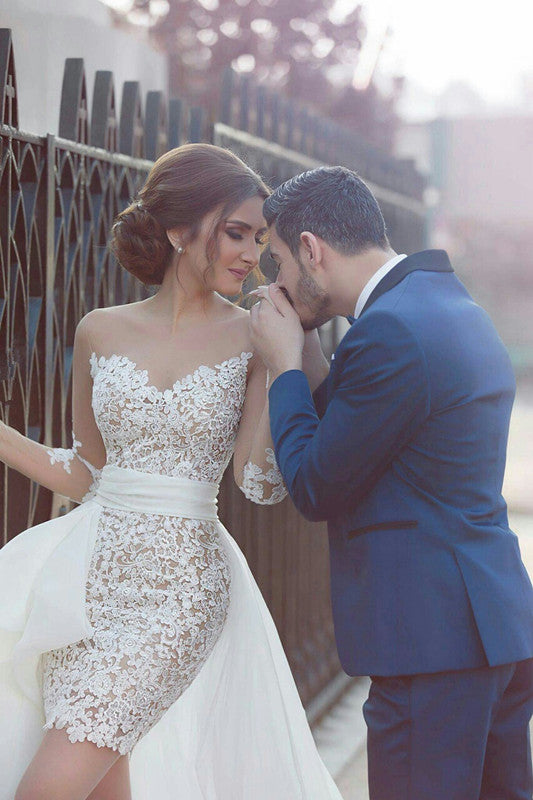 Long Sleeve Beach Wedding Dress with Detachable Train Latest Short Lace Bridal Gown BA2363