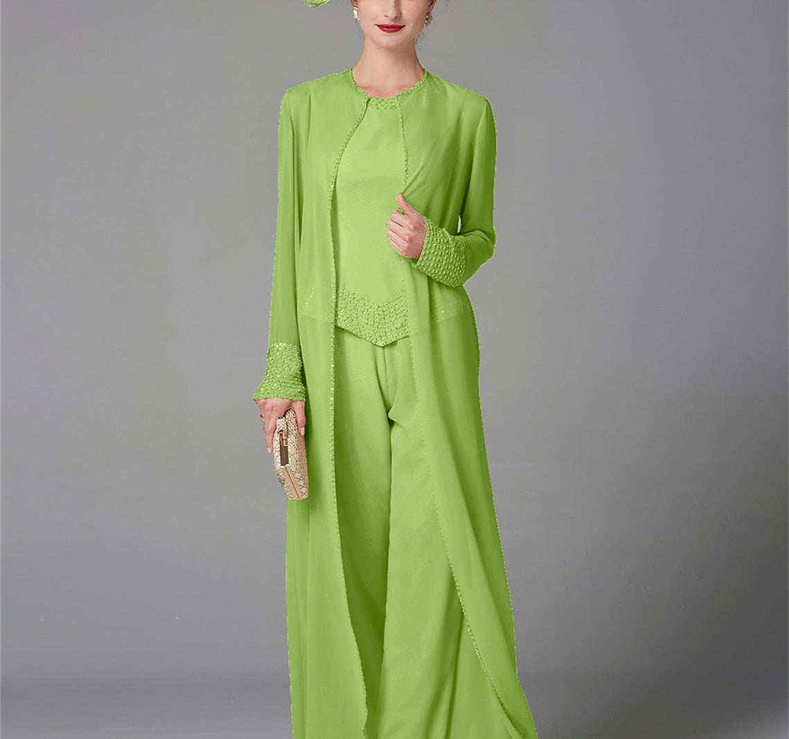 Long Sleeve Chiffon Mother of the Bride Pantsuit with Jacket and Sequins