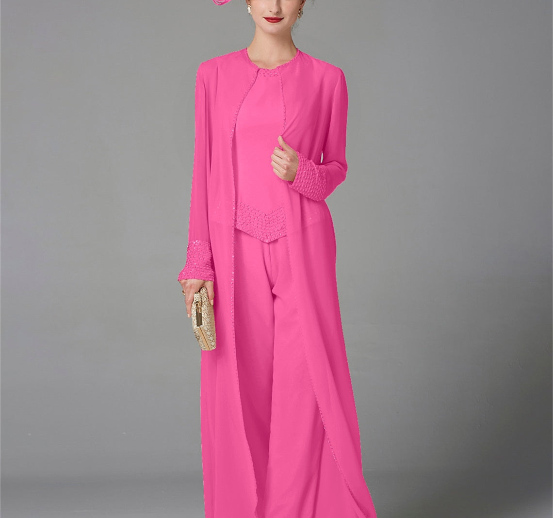 Long Sleeve Chiffon Mother of the Bride Pantsuit with Jacket and Sequins