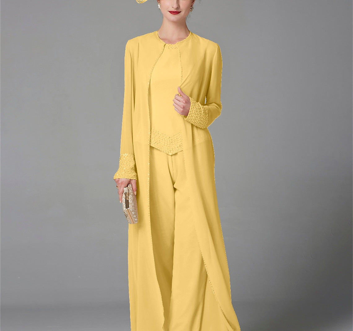 Long Sleeve Chiffon Mother of the Bride Pantsuit with Jacket and Sequins