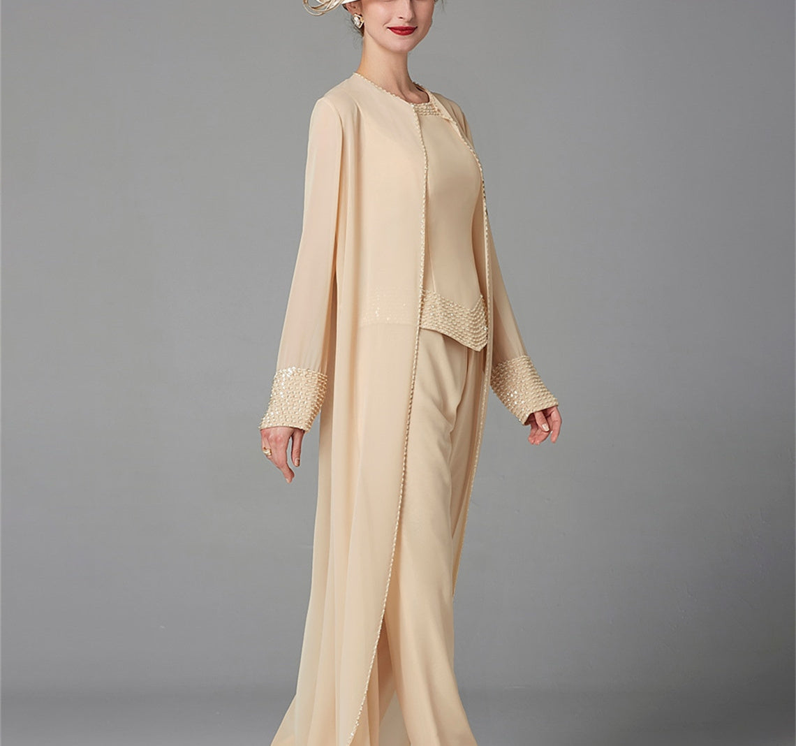 Long Sleeve Chiffon Mother of the Bride Pantsuit with Jacket and Sequins