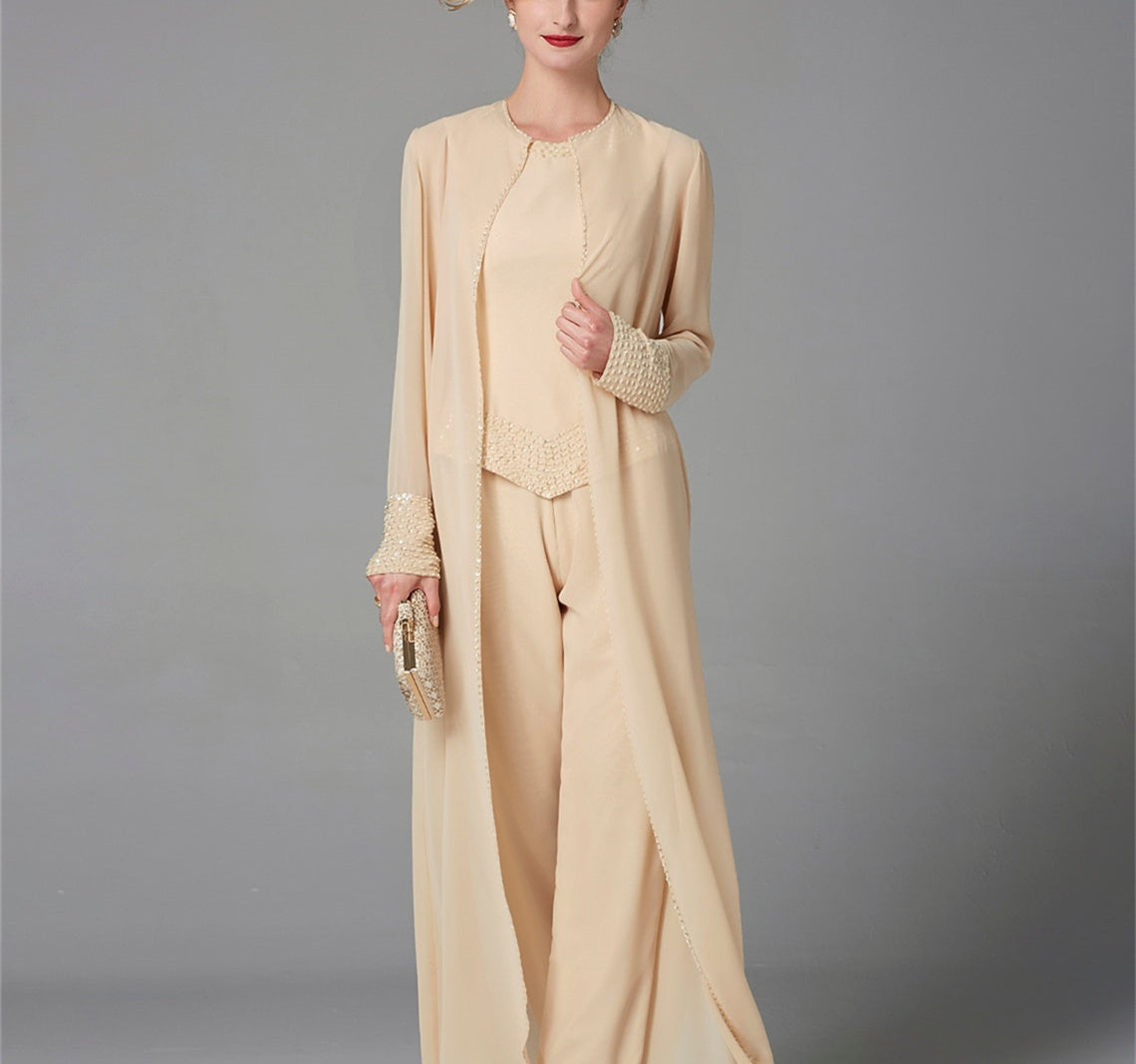 Long Sleeve Chiffon Mother of the Bride Pantsuit with Jacket and Sequins