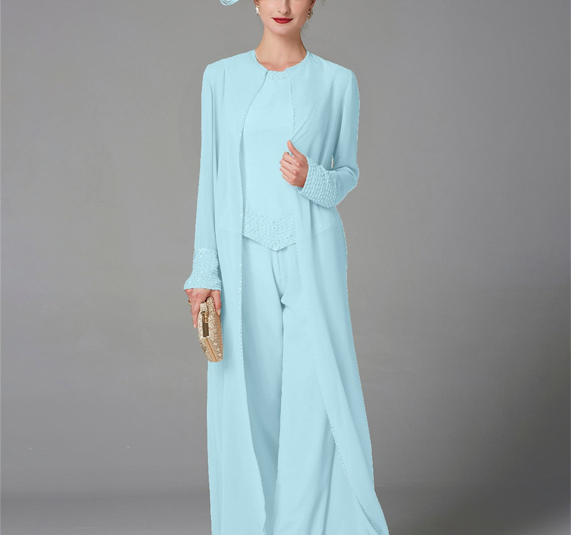 Long Sleeve Chiffon Mother of the Bride Pantsuit with Jacket and Sequins