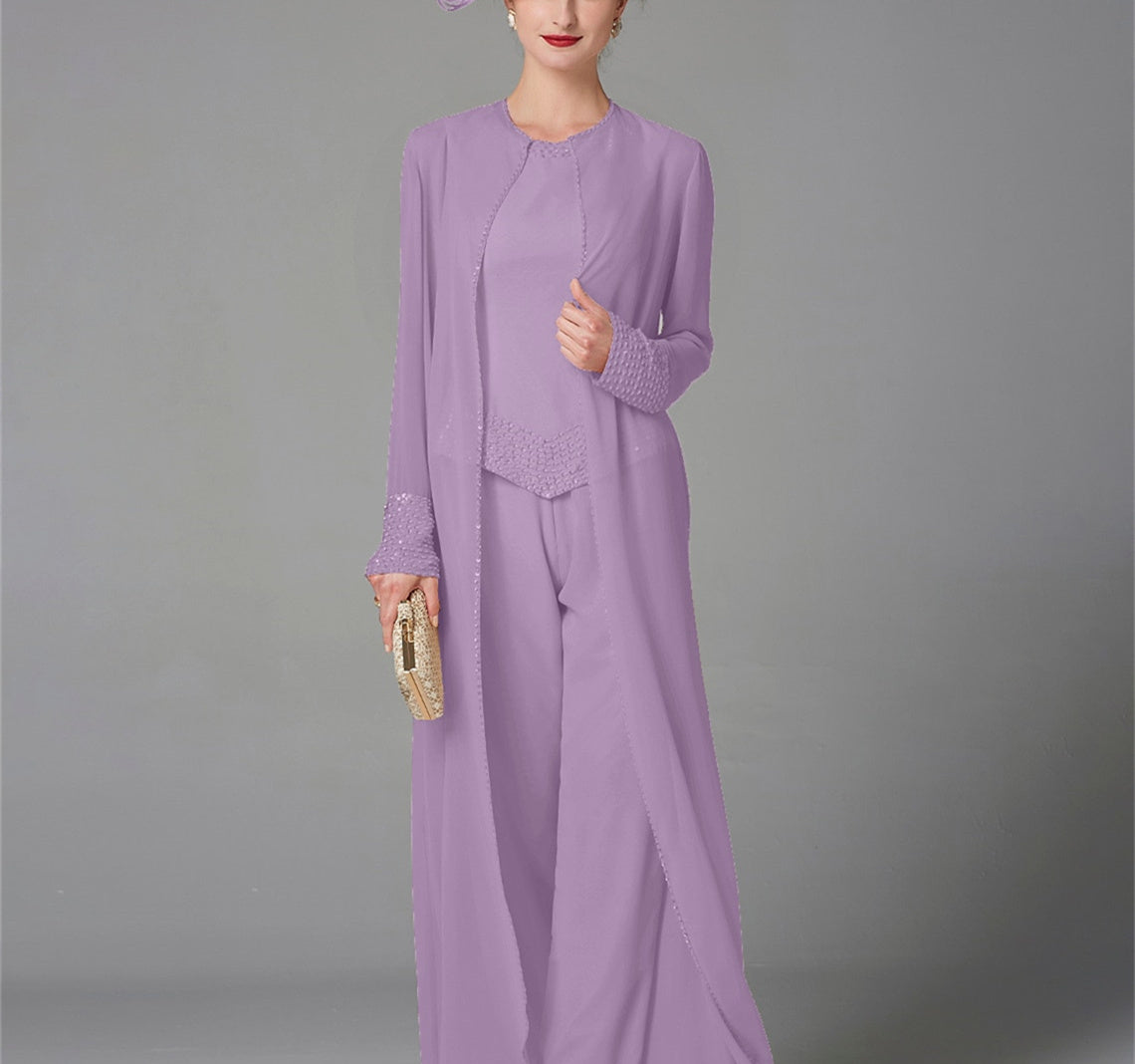Long Sleeve Chiffon Mother of the Bride Pantsuit with Jacket and Sequins