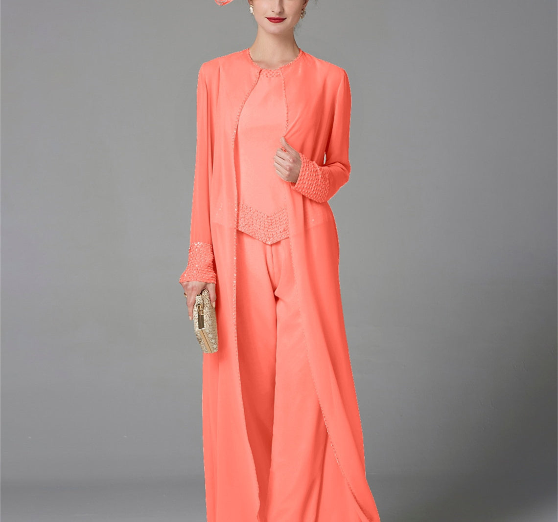 Long Sleeve Chiffon Mother of the Bride Pantsuit with Jacket and Sequins