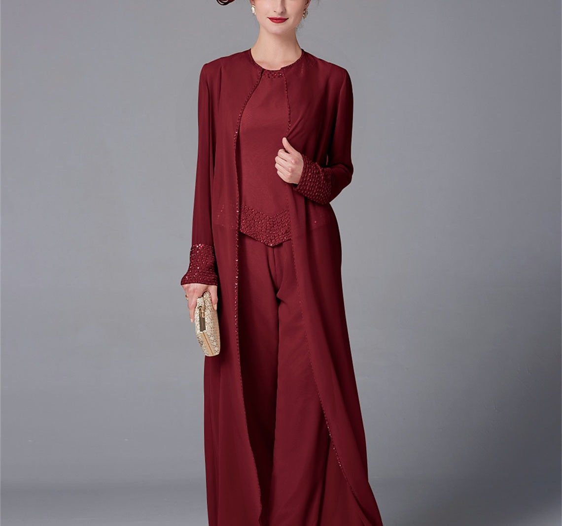 Long Sleeve Chiffon Mother of the Bride Pantsuit with Jacket and Sequins