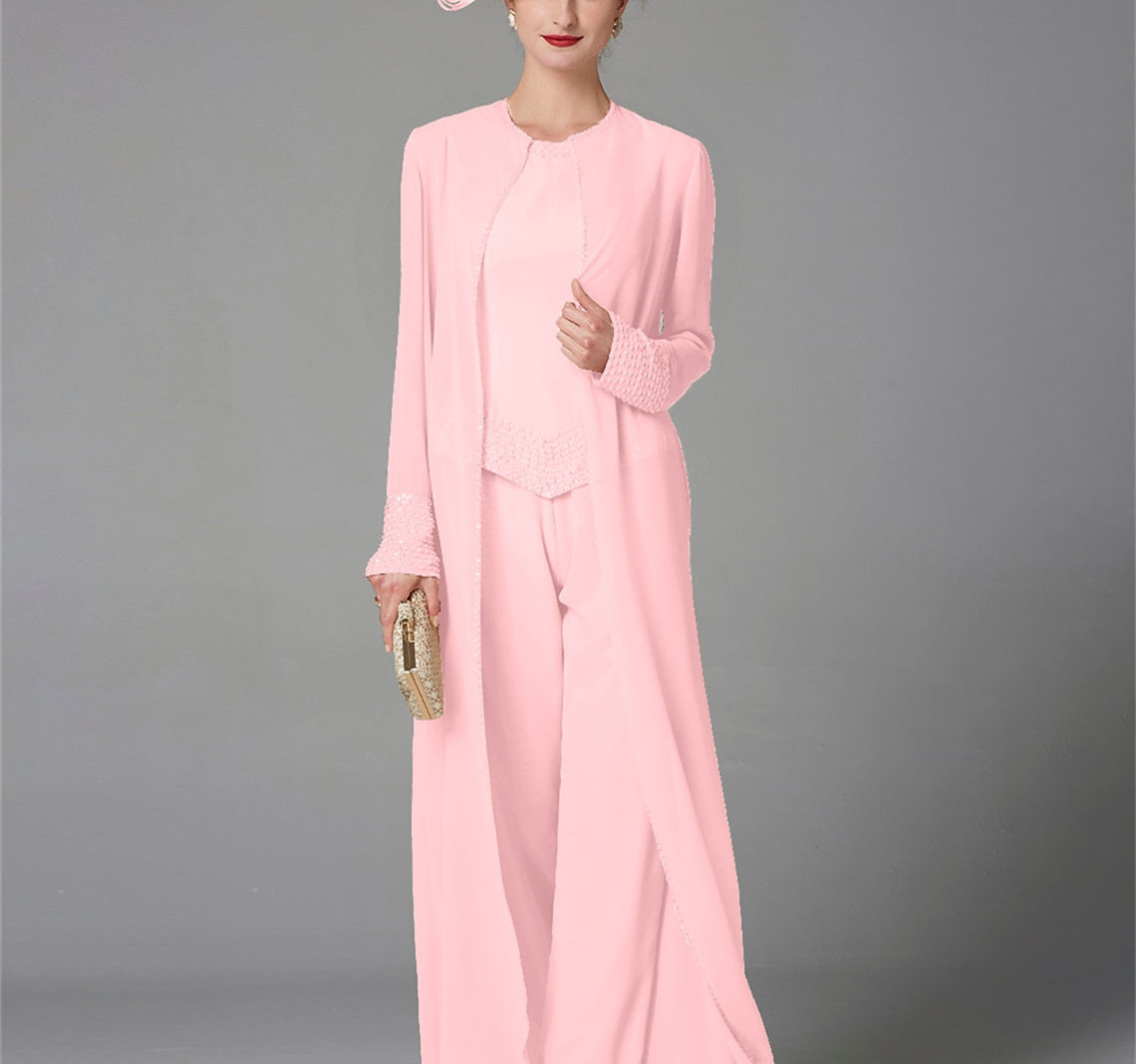 Long Sleeve Chiffon Mother of the Bride Pantsuit with Jacket and Sequins